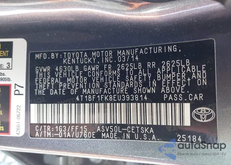 2014 Toyota Camry Se from USA, damaged, VIN 4T1BF1FK8EU393814